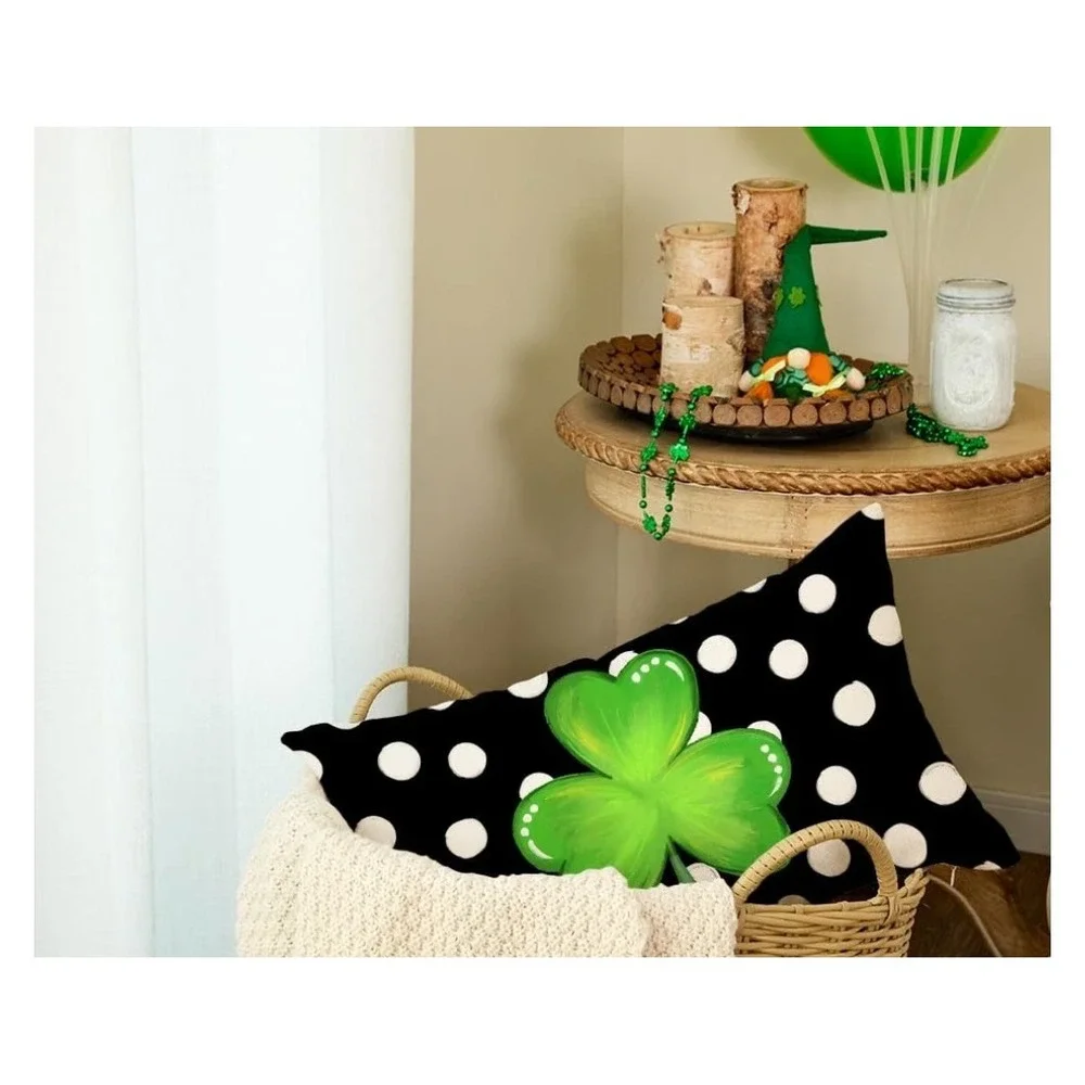 St Patricks Day Shamrock Polka Dot Lumbar Throw Pillow Cover Black White Green